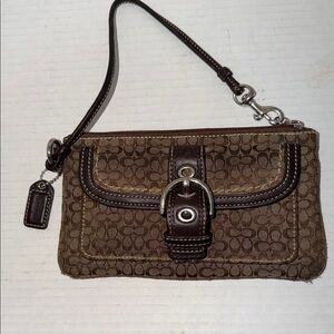 Coach Brown Signature Canvas Wristlet with Buckle Detail